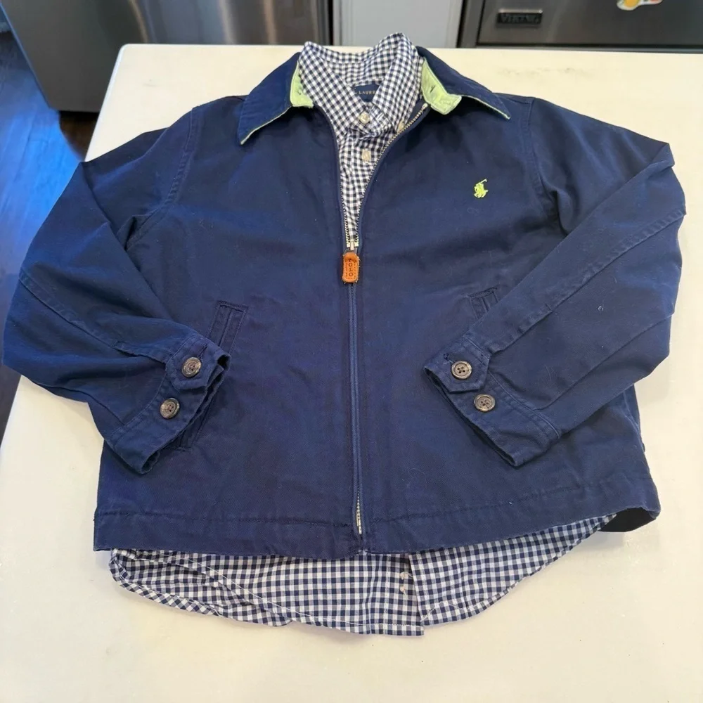 Ralph Lauren Boys Zip Up Blue Jacket & Blue Check Shirt Sz 6, 2 Pcs Set